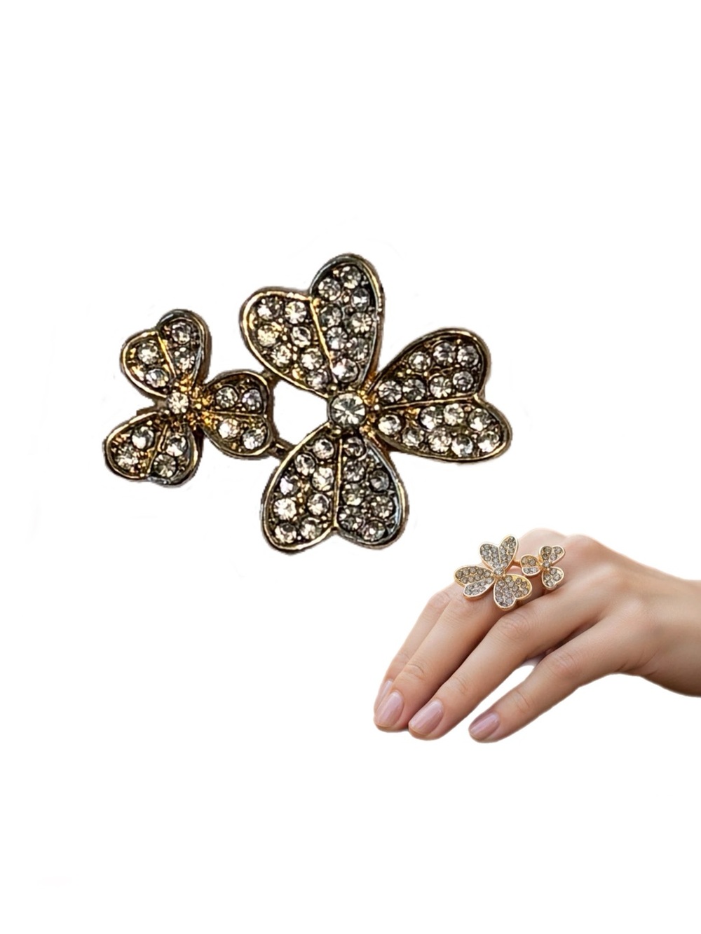 Crystal Clover Double Flower Ring - Gold Tone